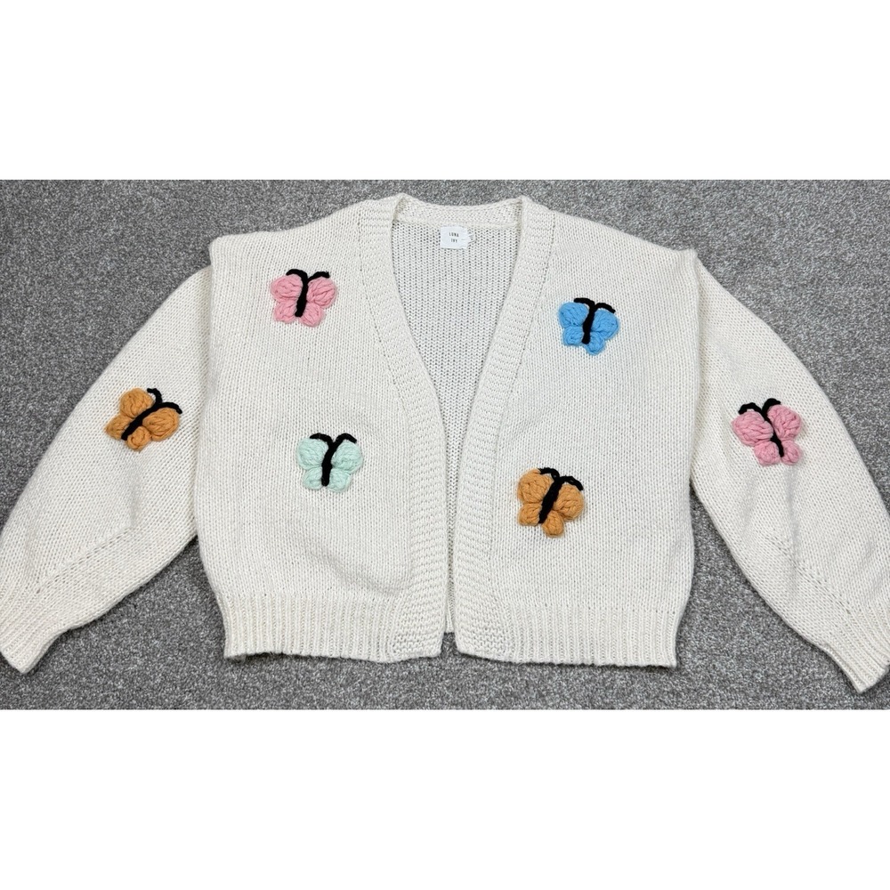 Luna Ivy Cardigan Women M Cream Butterfly Open Knit Chunky Sweater
